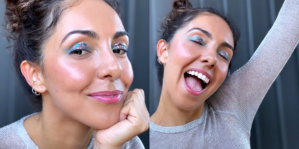 maquillaje de festival divertido con ojos azules y glitter