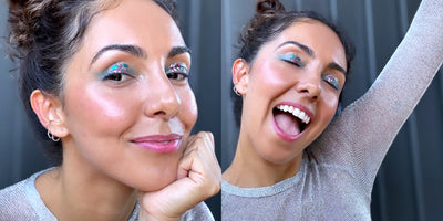 maquillaje de festival divertido con ojos azules y glitter
